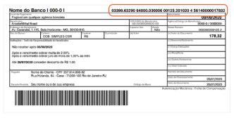 Exemplo de boleto com destaque para dados importantes de validação